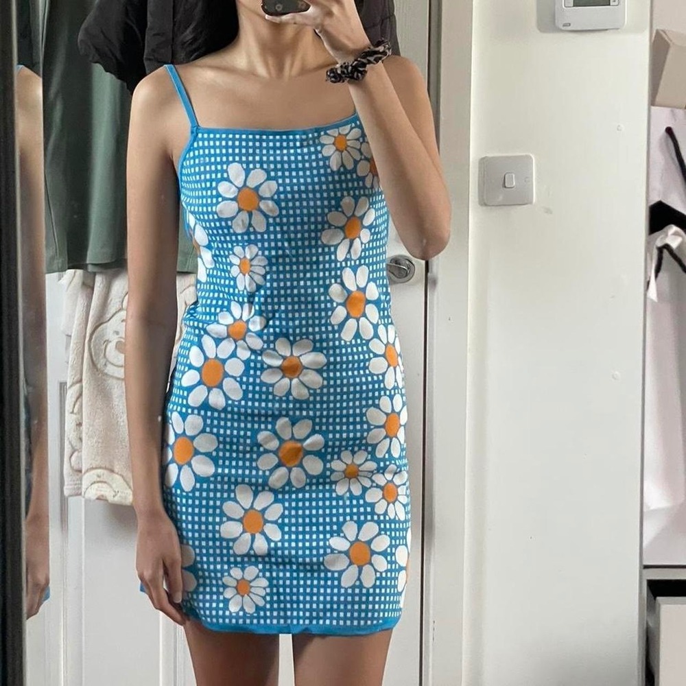 Zara Blue Gingham Daisy Floral Knit Mini Dress Open Back Size Small - Picture 6 of 15